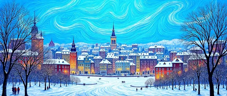 A winter city drawn by Van Gogh