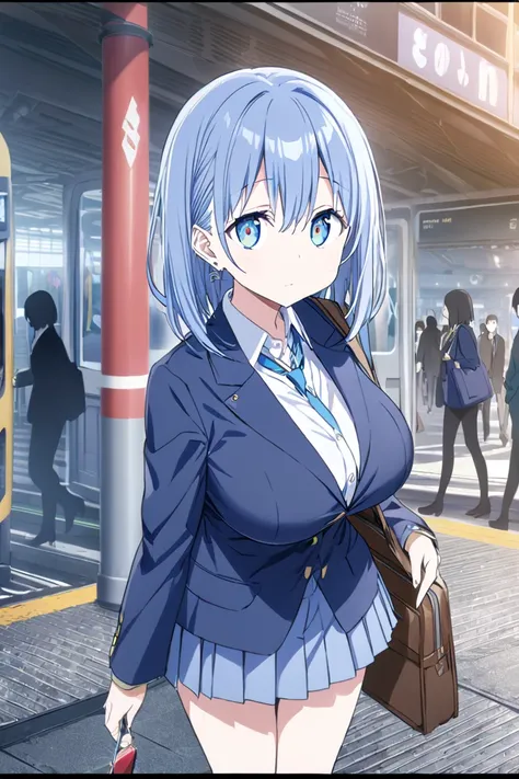  Monday is awesome,Ai-chan,Big Breasts,Blue blazer, high school girl,lure,whole body,Station,crowd, silhouette,finely detailed  beautiful face, High Quality ,Anime, beautiful, high res,Anime color,{{{{8k_ wallpaper}}}},{{{masterpiece}}},{{{{ highly detaile...