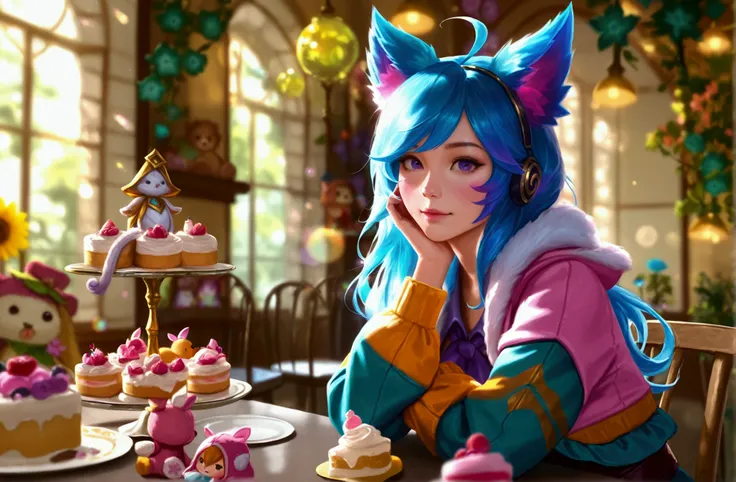 can you make it as this request: a west studio, league of legends splash art, seni-realistic, digital art, mature theme, light atmosphere, cute, girl sitting on a chair in a whimsical fairy cafe themed room with cakes, cutlery, stuffed animals, as a league...