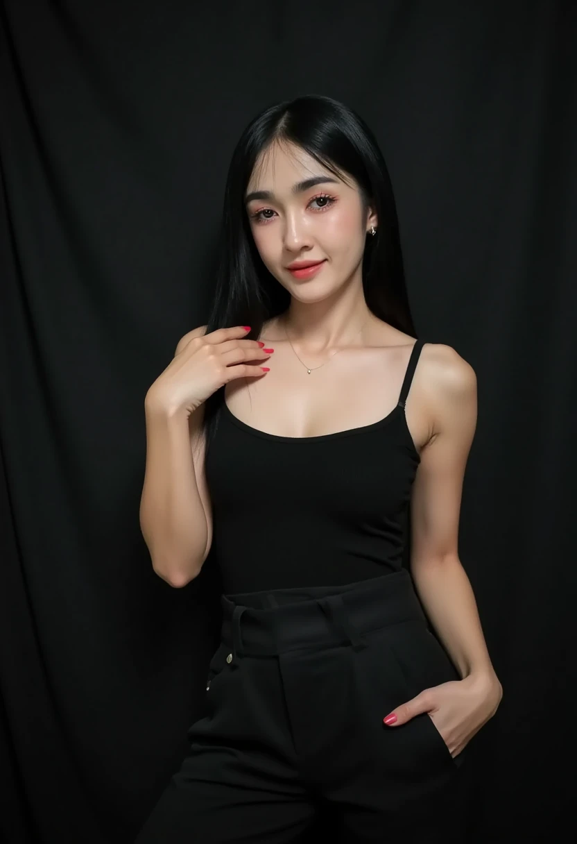 The 25-year-old woman, wearing a black tank top and Korean-style pants, is in a photo studio with a black background like a magazine cover. It looks like she was shot with a Nikon camera. The studio lights shine on her face, making her skin stand out. Her ...