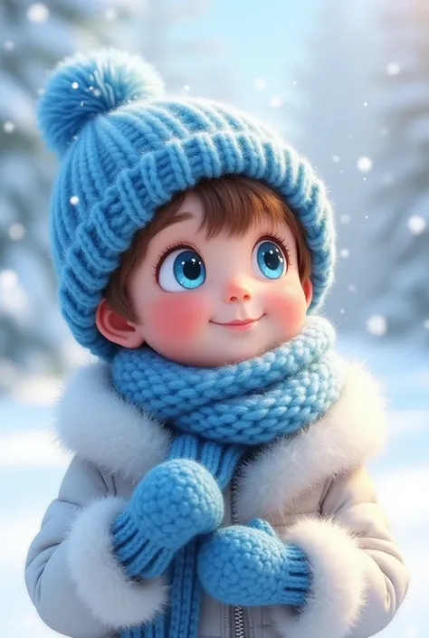 baby boy, blue eyes, brunette, knitted blue hat with a pompom,scarf, mittens, white fluffy fur coat, lifting your head look up at the snow , smile ,winter , photorealistic, transparency, contrast, in the style of Inna Kuzubova , cartoon drawing, watercolor...