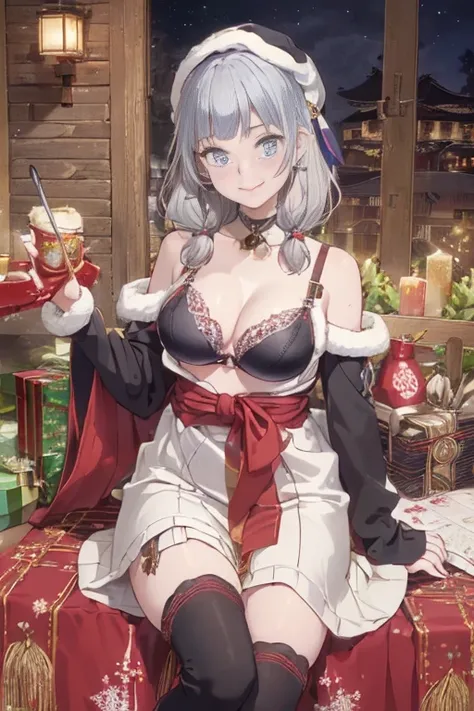 (from below:1.2),((1girl, silver hair, long hair, qutel blue eyes, beautiful eyes, pretty smile:1.5, ), ( off-shoulder dress, sweater dress,, santa hat, black tights, santa boots), (((holding ominous japanese sword:1.1 ))), ((battlescene,slashilg,killing t...