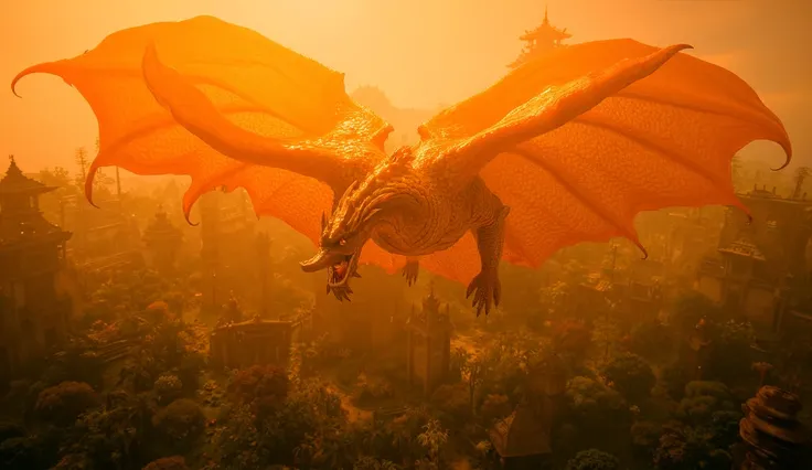 wide angle, birds eye view, massive dragon, golden scales, soaring through the sky, ancient palace, lush gardens, majestic, epic scenery, lit by the setting sun, cinematic composition