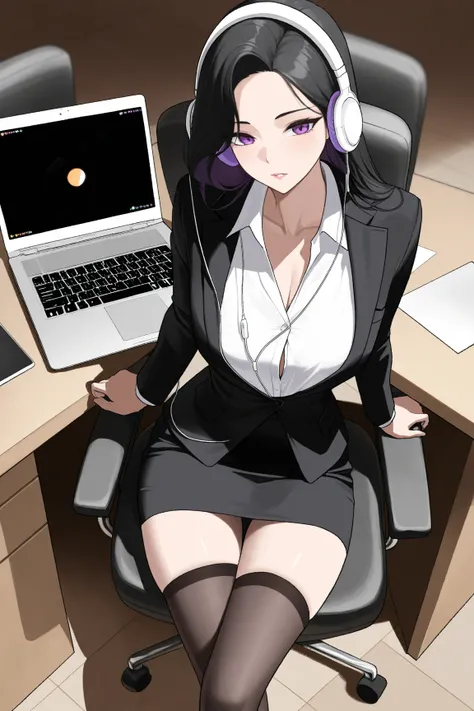  and sitting in a chair with a laptop, 검은색 Dressed in a suit, sitting On the desk,  wearing a strict suit , On the desk,  wearing a strict suit , Korean Goddess,  thigh-high stockings and skirt , I sat at her desk,  Sitting at the table ,  sit at your desk...