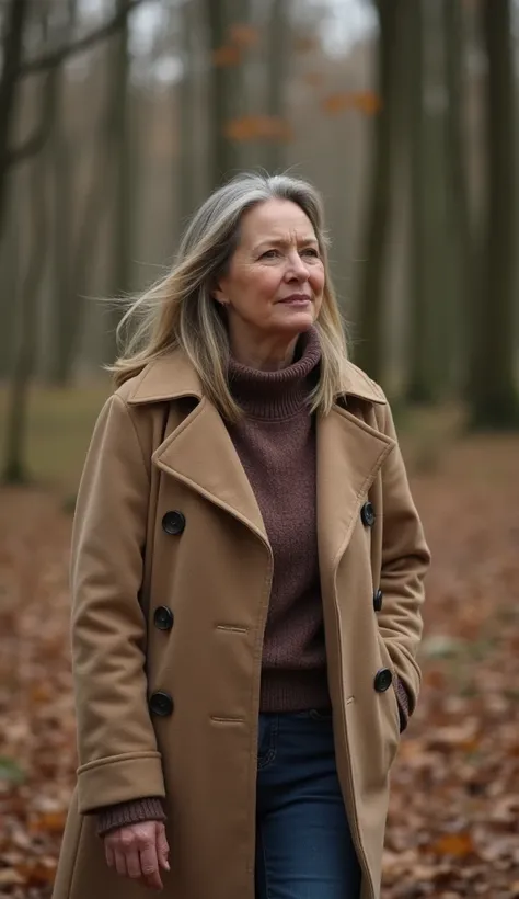 A 36-year-old woman with soft features, dressed in a comfortable coat, walking through a forest.