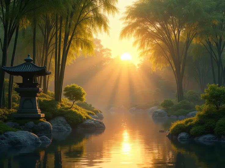 An enchanting depiction of Japans first sunrise in a traditional Japanese garden, golden rays of sunlight filtering through tall bamboo trees. A peaceful pond reflects the glowing sky, while a moss-covered stone lantern adds to the serenity. The atmosphere...