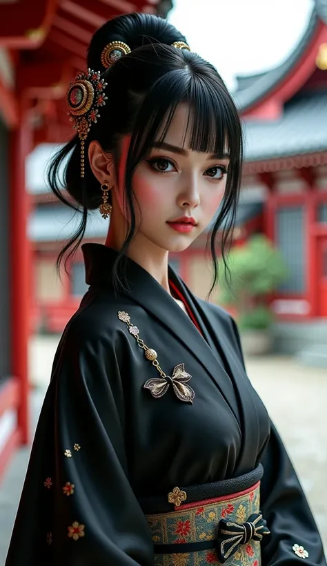 16K quality，2.5d style， semi-realistic style ，Woman with black Himekiri hairstyle， Princess cut hairstyle ， A woman wearing a black Kabuki costume，Black and white color clothing， Strong-eyed ，Baek Chuls skin ， The background is a Japanese building 