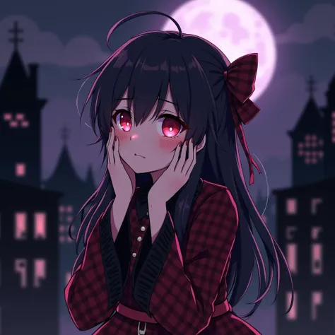 • Dark haired anime character with red eyes
• Gesture where 、 hands are placed on cheeks in a sideways pose
• Dark colored nightscape background
• Silhouettes of buildings and window lights
• A large full moon is depicted in the background
• Plaid costume ...