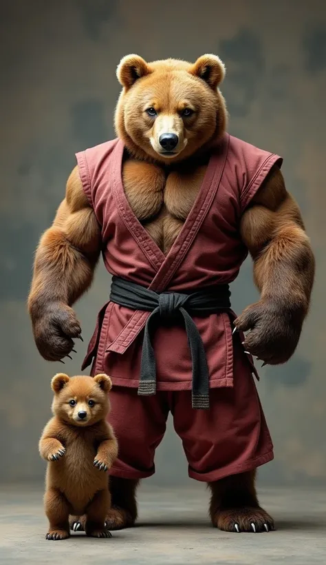 Show a muscular bear standing like a human, exuding strength and confidence in martial arts clothing. Beside it, a cub stands upright, showcasing a miniature muscular build, mimicking the bear’s serious demeanor. The cub’s curious eyes hint at its playful ...