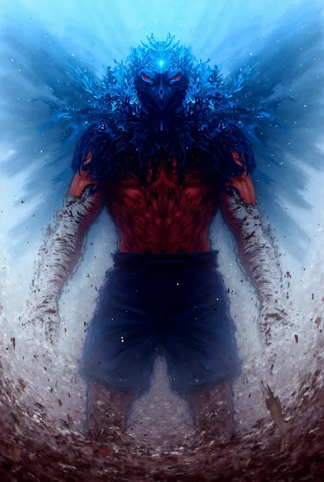 anime character, man, pumped up body, scars on body from curse, blue shorts, naked body, blue eagle head, red eyes, battlefield, fight