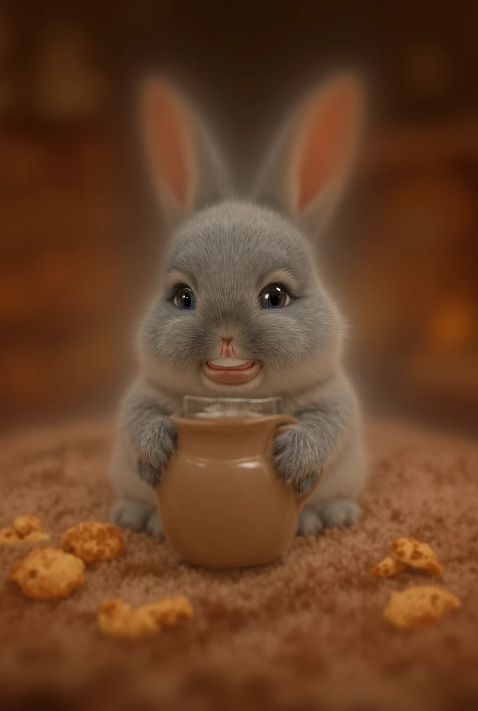 Cute little bunny with a steaming cup of hot chocolate and cookies