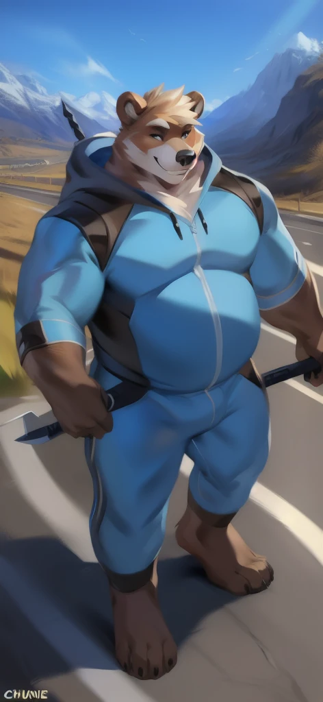   alone, Big Man, Big torso  ,road , ,bear,Holding a sword as a weapon as a reaper.,    blue military spacesuit,   Overweight  ,   strapped muscles ,  Insidious Smiling , yandre , by chunie  