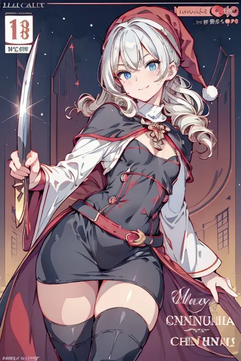 (from below:1.2),((1girl, silver hair, long hair, qutel blue eyes, beautiful eyes, pretty smile:1.5, ), ( off-shoulder dress, sweater dress,, santa hat, black tights, santa boots), (((holding ominous japanese sword:1.1 ))), ((battlescene,slashilg,killing t...