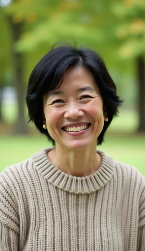 A 38-year-old woman with short black hair, dressed in a cozy sweater, smiling in front of a green park.