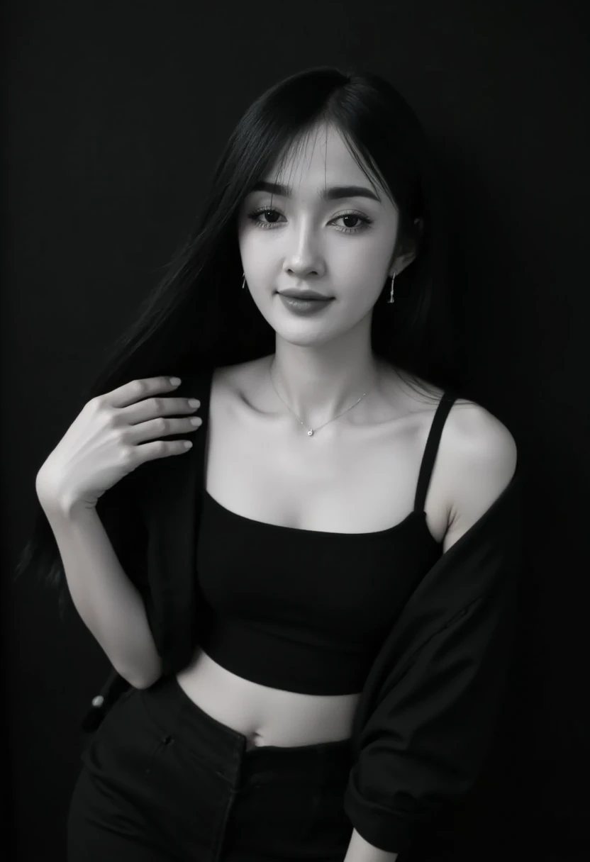 A 25-year-old woman wearing a black tank top and Korean-style pants is in a photo studio with a black background like a magazine cover. The photo is in black and white tones, and it looks like it was taken with a Nikon camera. The light from the studio shi...