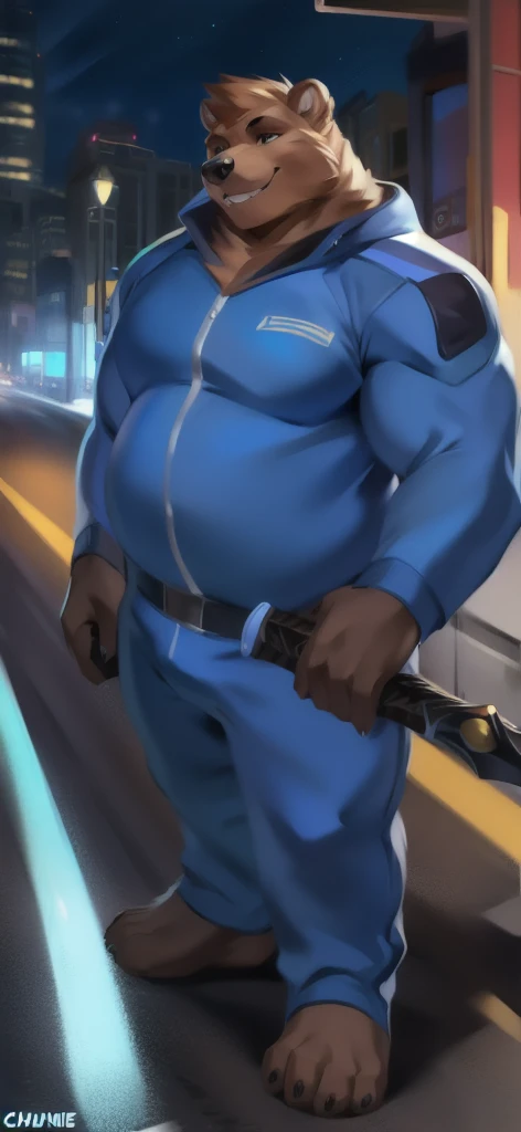   alone, Big Man, Big torso  ,road ,big bear,Holding a sword as a weapon as a reaper.,    blue military spacesuit,   Overweight  ,   strapped muscles ,  Insidious Smiling , yandre , by chunie  