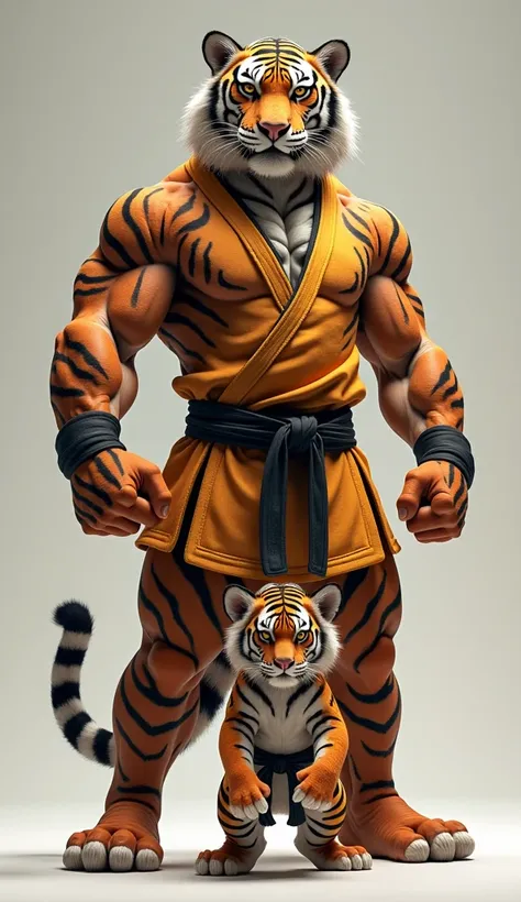 "A powerful tiger stands tall like a human, wearing martial arts clothes. Next to it, a muscular cub imitates its parent’s pose, with a fierce yet playful expression."