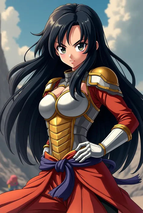  Girl in sayayin armor , igual al de vegeta, in battle position ,  long black hair like the characters in Dragon Ball,  same design and animation of Dragon Ball Z , Confident warrior , Dragon Ball, Dragon Ball version, goku, vegeta, Bardock lover , Cartoon...