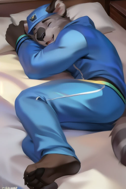   alone  , Male tall , Sleeping on a bed , koala ,   blue tracksuit soldier , Overload  ,   muscles bound  ,  sexual emotions are happy, by chunie  