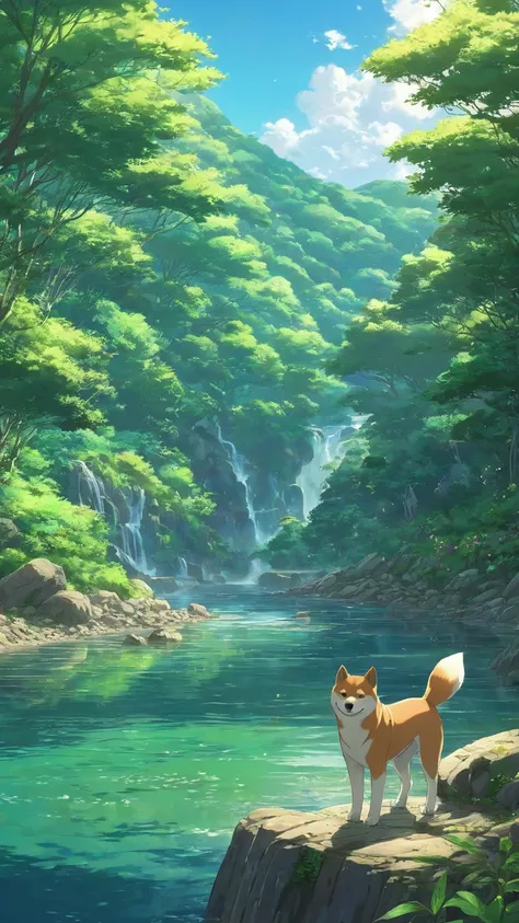 Makoto Shinkaiテイスト、 Shiba Inu Anime, Shiba Inu puppy,  beautiful scenery，Clear water，Rolling Mountain ，Lush forest,beautiful Anime Scene, Anime Nature wallpap, Anime Background art, Anime Background, beautiful Anime Scenery,  anime beautiful peaceful scene...