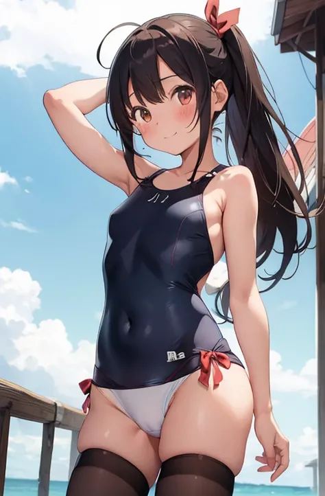 1girl, cowboy shot, straight-on, arm behind head, hand behind head, arm up, standing, bangs, looking at viewer, ahoge, long hair, blush, (swimsuit), red ribbon, bare shoulder, sleeveless, white legwear, pantyhose, brown uwabaki, light smile, solo,