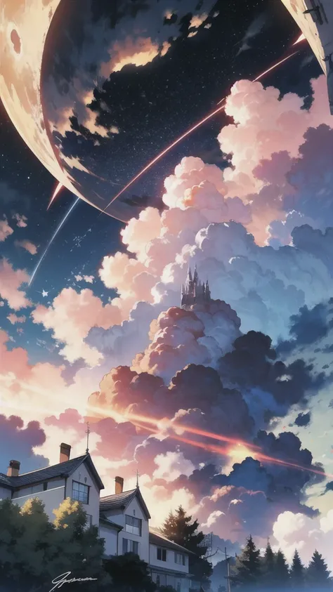 cloud, colorful, starry, stars, ((masterpiece)), ((ultra-detailed)), pixiv, best shadows, best lighting, best quality, cinematic shot, rim lightning, no humans, sky, scenery, power lines, crescent moon, outdoors, moon, cloud, utility pole, building, star (...