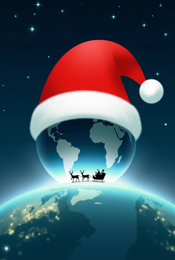 digital illustration depicts a whimsical holiday scene with a large red Santa hat, complete with a fluffy white trim, perched atop a bright, glowing blue-green planet, the earth. the Earth is in nighttime with brightly lit cities across the continents. Bel...