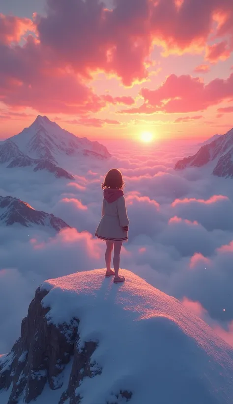 A Teenage Anime Girl Standing On The Top Of Snowy Mountain, Austhetic Nature Sky, Snow Mountain, Over Clouds, Sun Setting, Back Side View, Red Colour Gradient Sky, 