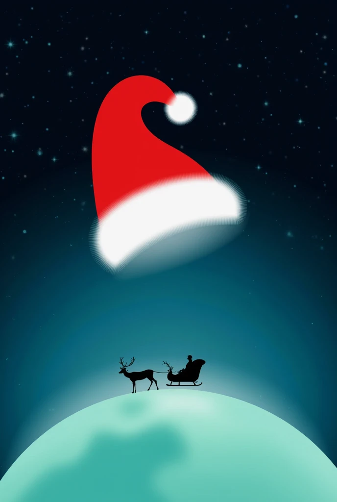 digital illustration depicts a whimsical holiday scene with a large red Santa hat, complete with a fluffy white trim, perched atop a bright, glowing blue-green planet. Below the hat, a classic black sleigh with reindeer is visible, pulling Santa across the...