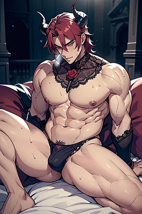 (((A sexy muscular naughty seductive male devil with long horns wearing erotic luxurious high class rose clothes and lace panties that reveal his huge manly sagging boobs is sitting in dimly lit medieval building he humping pillow))), he looks confident, N...