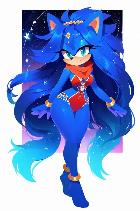 Sonic oc, Mobian, female, sonic the hedgehog but female, Cosmic hedgehog, A beautiful light blue hedgehog, purplish blue eyes, very long hair/quills, braided and beaded long hair bangs, long streaks of hair on each side of her face, (star constellation on ...