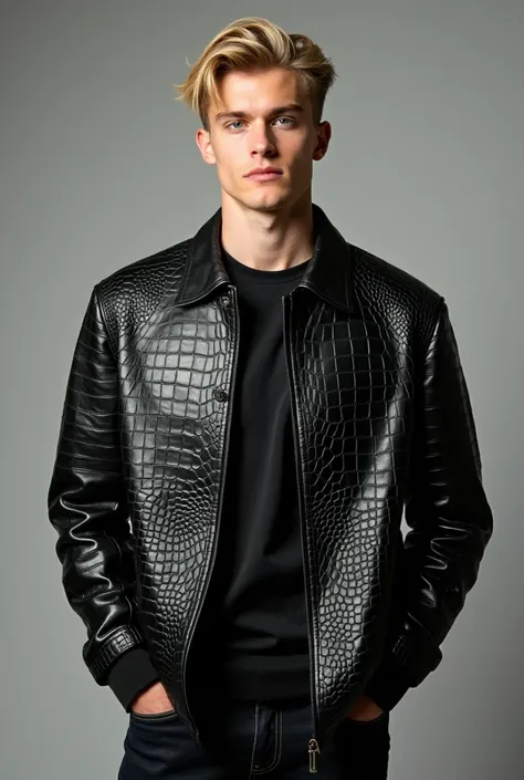  Photo at a professional studio  , young VERY HANDSOME man  (18-25 years old )  with blond hair ,  with a determined and attentive face  ,  is located in the center of the stage .  He wears an ALLIGATOR skin jacket -  [[[ the texture of the ALLIGATORS BACK...