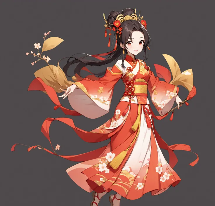  pretty face ，，Nice face，gentle，Smile，The face of an ancient Chinese young woman，2D，Cartoon，Red clothing， gold decoration，Spring Festival atmosphere