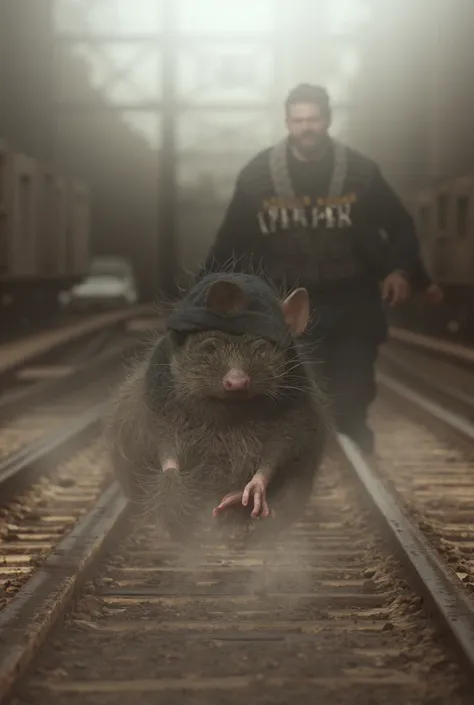 Rat sur des rails de trains qui porte une casquette où est ecrit en lettres capitales le prénom Pierrick.
Le rat se fait chasser par un homme barbu qui porte un pull où est inscrit le prénom Kader