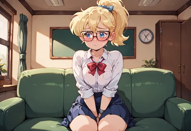 score_9, score_8_up, score_7_up, score_6_up, Bl3th3bn3_Styl3_SKNSFW, masterpiece, best quality, 1girl, blue eyes, blonde, ponytail, nerd, braces, glases, shy, school uniform shirt skirt, piperperri_meme, couch, room, males around her, teen males
