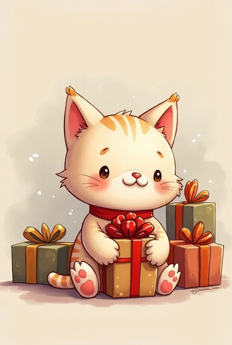 A Chibi cheerful cat holding a wrapped gift, sitting by a pile of presents, transparency, contrast, in the style of Inna Kuzubova , cartoon drawing, watercolor ,
best of art station , Unreal Engine 5 ,
high resolution, diamond painting, high quality