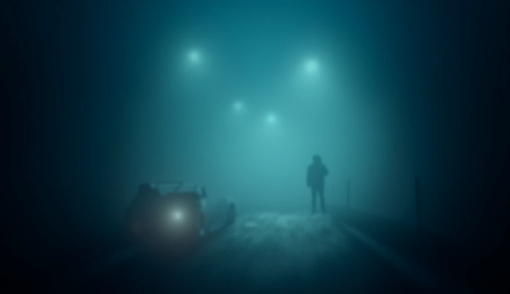 "A chilling and foggy nighttime road scene, illuminated by dim streetlights that cast eerie shadows. A car with its headlights on is parked on the side of the road, while a solitary, shadowy figure stands in the distance, creating a suspenseful and hauntin...