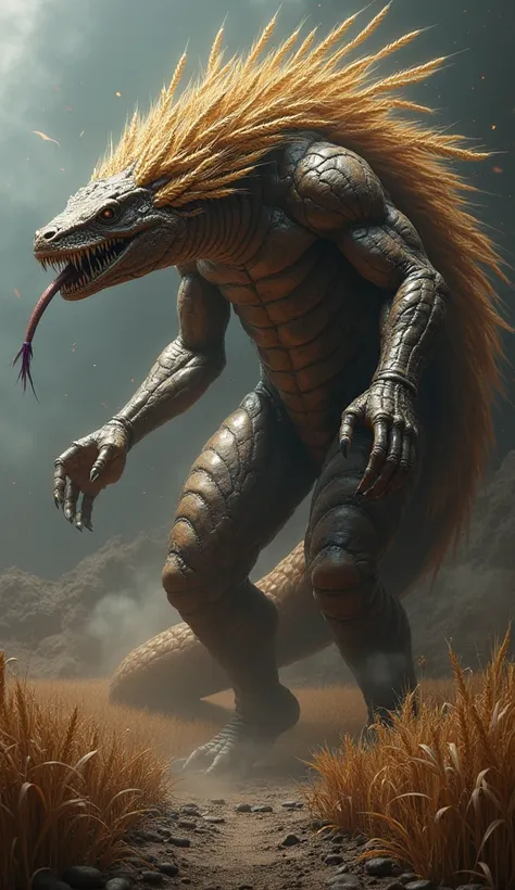 "Subject: A monstrous, hybrid creature, a fusion of a wheat grain and an anaconda, born from a dark fantasy galaxy.

Description:

Form: The creature should be enormous, at least twice the size of a large anaconda. Its body should be a blend of wheat g...