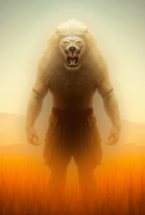 A stunning hybrid creature standing in a golden savanna under a dramatic sky. The creature combines the features of a lion and a human warrior: its upper body is humanoid with chiseled muscles and tribal armor, while its lower body transitions into the pow...