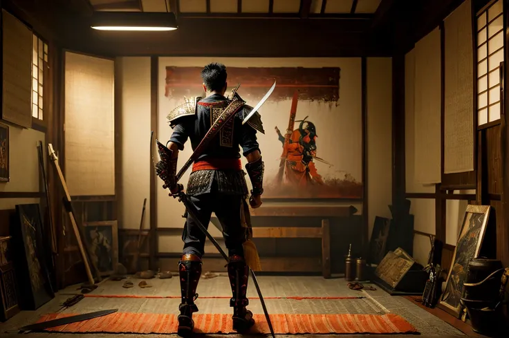 a painting of a warrior with a sword in a room, Artwork inspired by Kano Hogai , Trending on ArtStation,  what is it ？, warrior portrait, warrior warrior, epic warrior warrrior, Archer Foot Soldier, Japanese Warrior, cyborg warrior, masamune shiro, warrior...