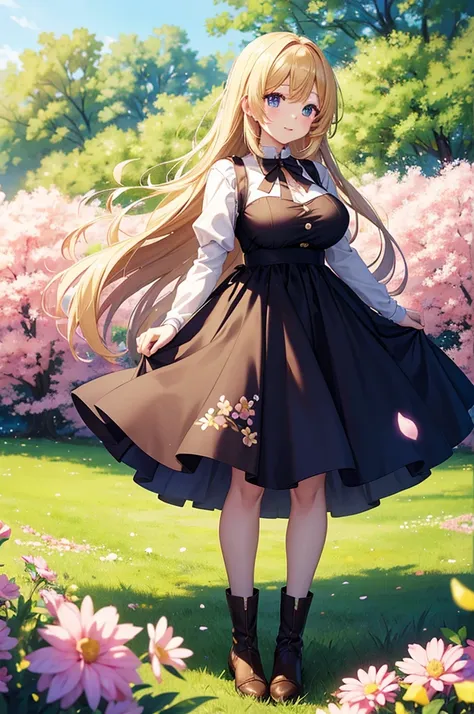 An anime girl in a dress is standing in a field of flowers,   Anime Moe Art Style , high quality  anime art style ,   Long Haired Anime Girl  ,  cute anime waifu is wearing a nice dress,  Cute Girl Anime Visual ,  anime style 4 k,  beautiful anime girl , b...