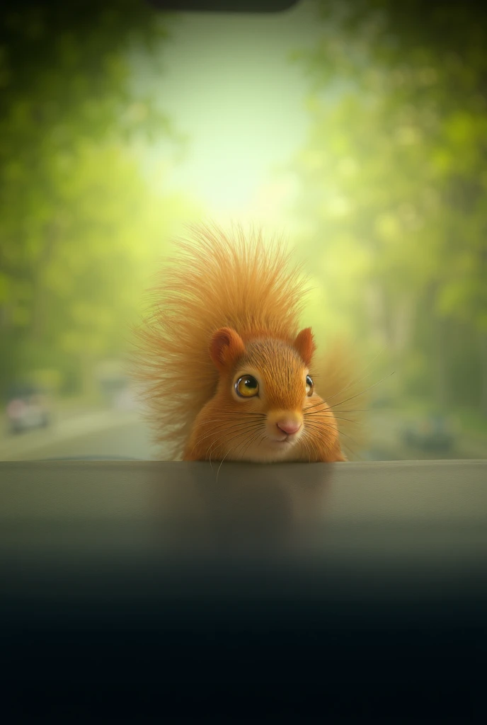 A squirrel coming out of a cars sunroof