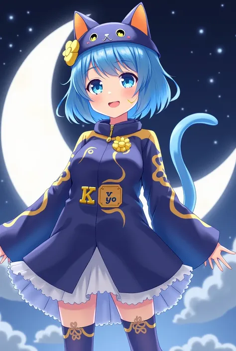  idol-like girl wearing a dark blue and yellow costume with a cat motif in front of the crescent moon。Design 帽子にRUNAの刺繍入り。Design ＭPlate with YO letters 。 Hitomi is a sky blue 。