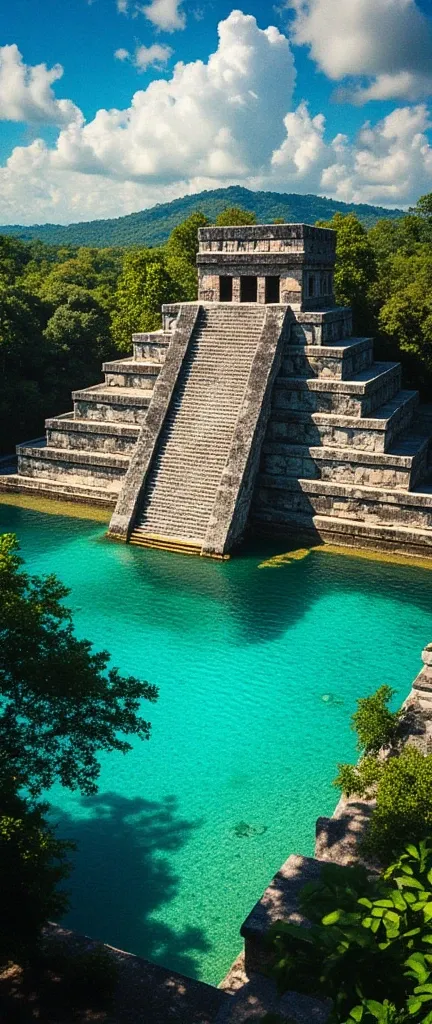 fotorrealista, ((Perfect lighting)), (Contre-Jour), (Fujifilm XT3), (camera f1.6 lentes), (volumetric illumination), (rewarded photography):Incredible pre-Hispanic old building in the middle of an intense turquoise lagoon, Temple of Quetzalcoatl, Detalles ...