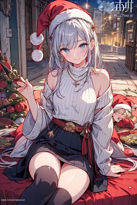 (from below:1.2),((1girl, silver hair, long hair, qutel blue eyes, beautiful eyes, pretty smile:1.5, ), ( off-shoulder dress:1.1, sweater dress,, santa hat, black tights, santa boots), (((holding ominous japanese sword:1.1 ))), ((battlescene,slashilg,killi...