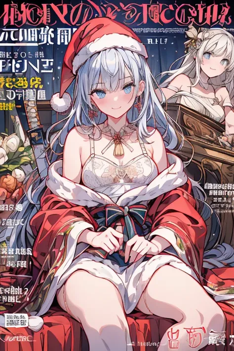 (from below:1.2),((1girl, silver hair, long hair, qutel blue eyes, beautiful eyes, pretty smile:1.5, ), ( off-shoulder dress:1.1, sweater dress,, santa hat, black tights, santa boots), (((holding ominous japanese sword:1.1 ))), ((battlescene,slashilg,killi...