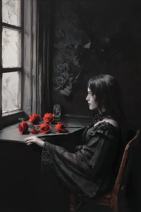 pieces of music, gothic theme, black and grey tone, on the table surface , mystery mood, gothic rock music, dark red roses on the paper piece of music, super detail, extra high quality, weak light from the window, zoom in, foreground the paper, in a dark r...