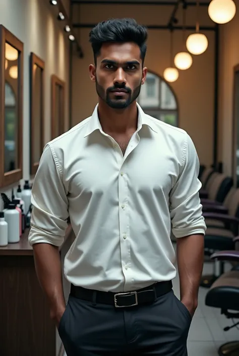 A 39 years old Indian male, 5 feet 10 inch height , feet person, black skin tone, hair cutting saloon in back ground, looking extremely original and realistic 