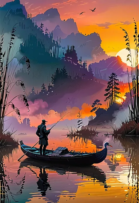 Sunset on the lake, impressionism, bright and vibrant colors, reflections, golden reed reflections, silhouettes of herons, dramatic contrast, misty atmosphere, distant hills, 19th century charm, sharp focus, gold leaf, emitting diodes, smoke, artillery, sp...