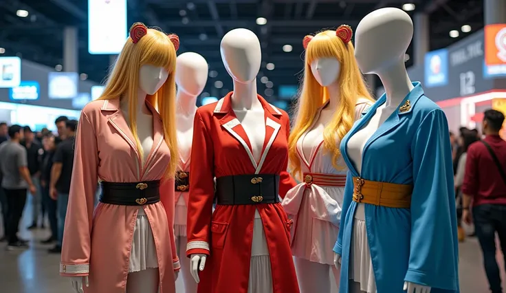 Mannequins posing with Rop Ade cosplay or convention anime